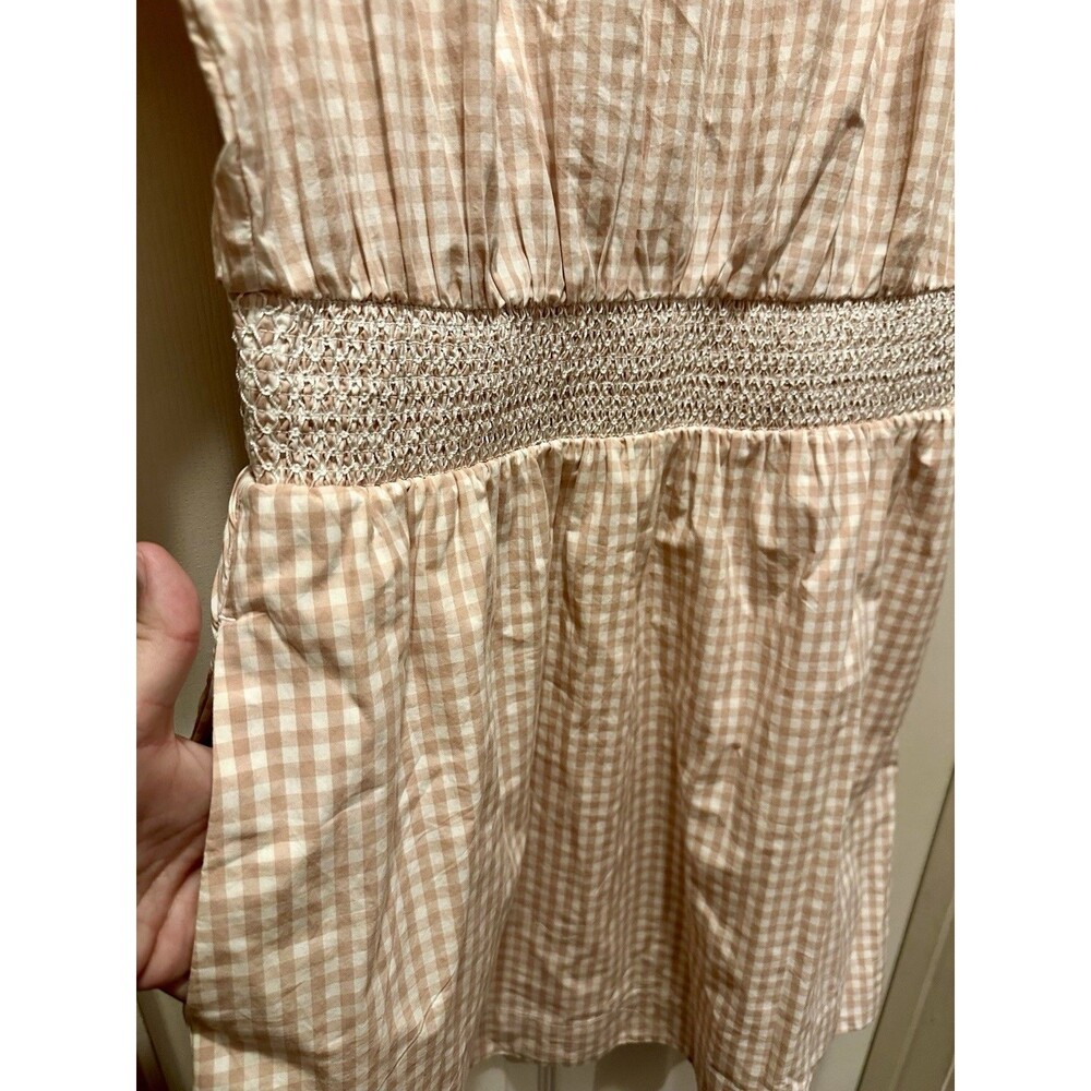 J.Crew Smocked 100% Cotton Puff-Sleeve Lined Poplin Dress Tan White Gingham Sz M - Picture 7 of 16